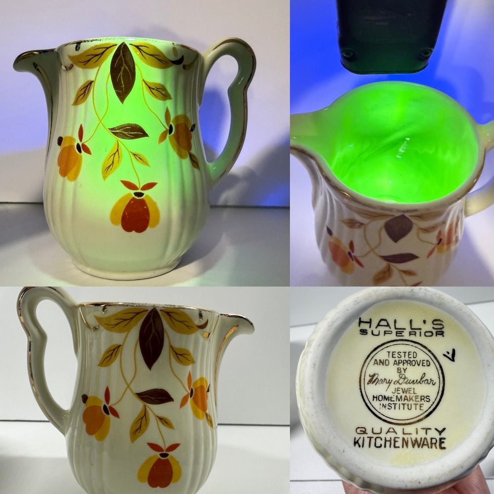 Vintage Hall Superior Autumn Leaf Pitcher UV Uranium Mary Dunbar Jewel Tea GLOWS